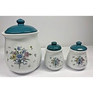 Vintage Victorian Bouquet Tabletops Unlimited 3 Canister Set Lids Sugar Coffee